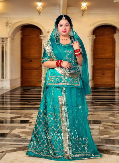 Firozi Rajputi Poshak – Satin with Zardozi & Gota Stone Work