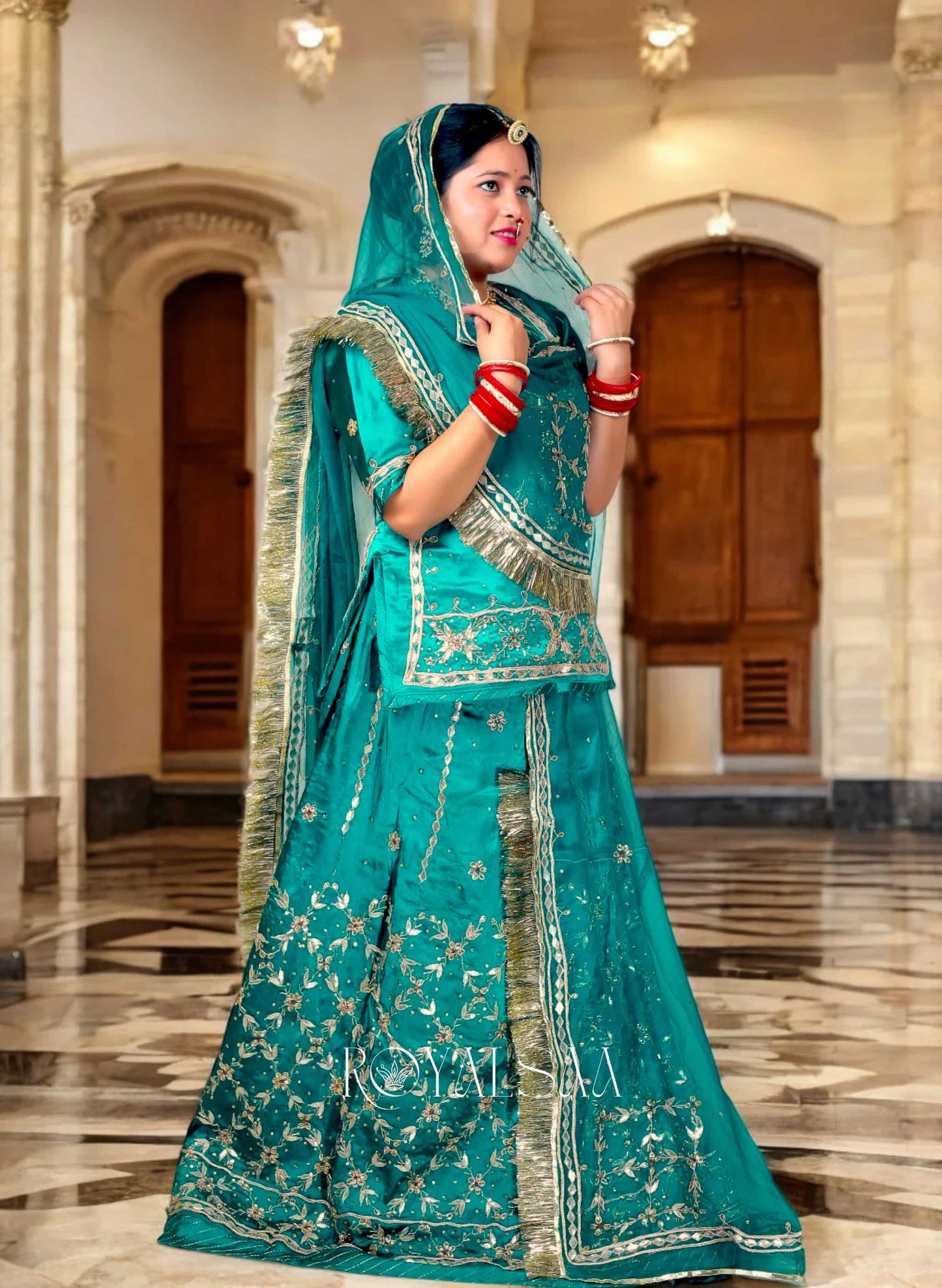 Firozi Rajputi Poshak – Satin with Zardozi & Gota Stone Work