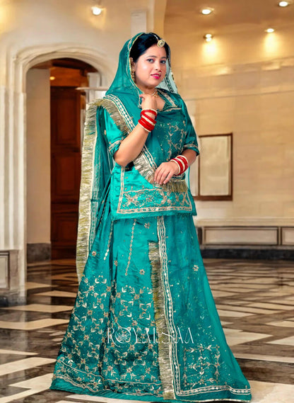 Firozi Rajputi Poshak – Satin with Zardozi & Gota Stone Work