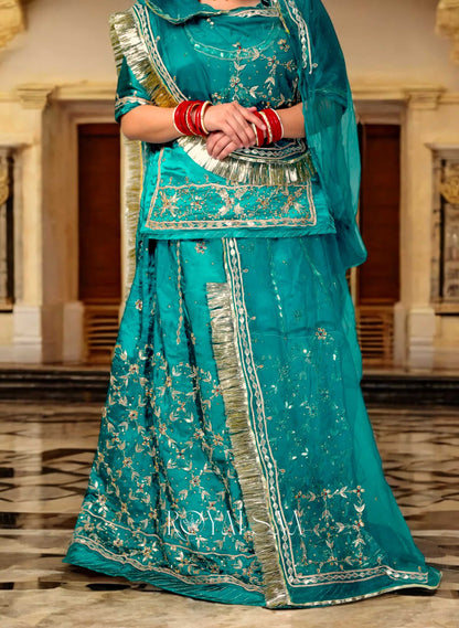 Firozi Rajputi Poshak – Satin with Zardozi & Gota Stone Work