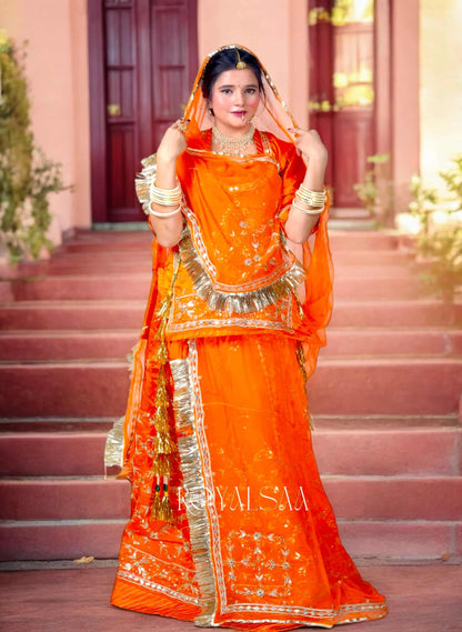 Kesariya Rajputi Poshak – Satin with Zardozi & Gota Stone Work
