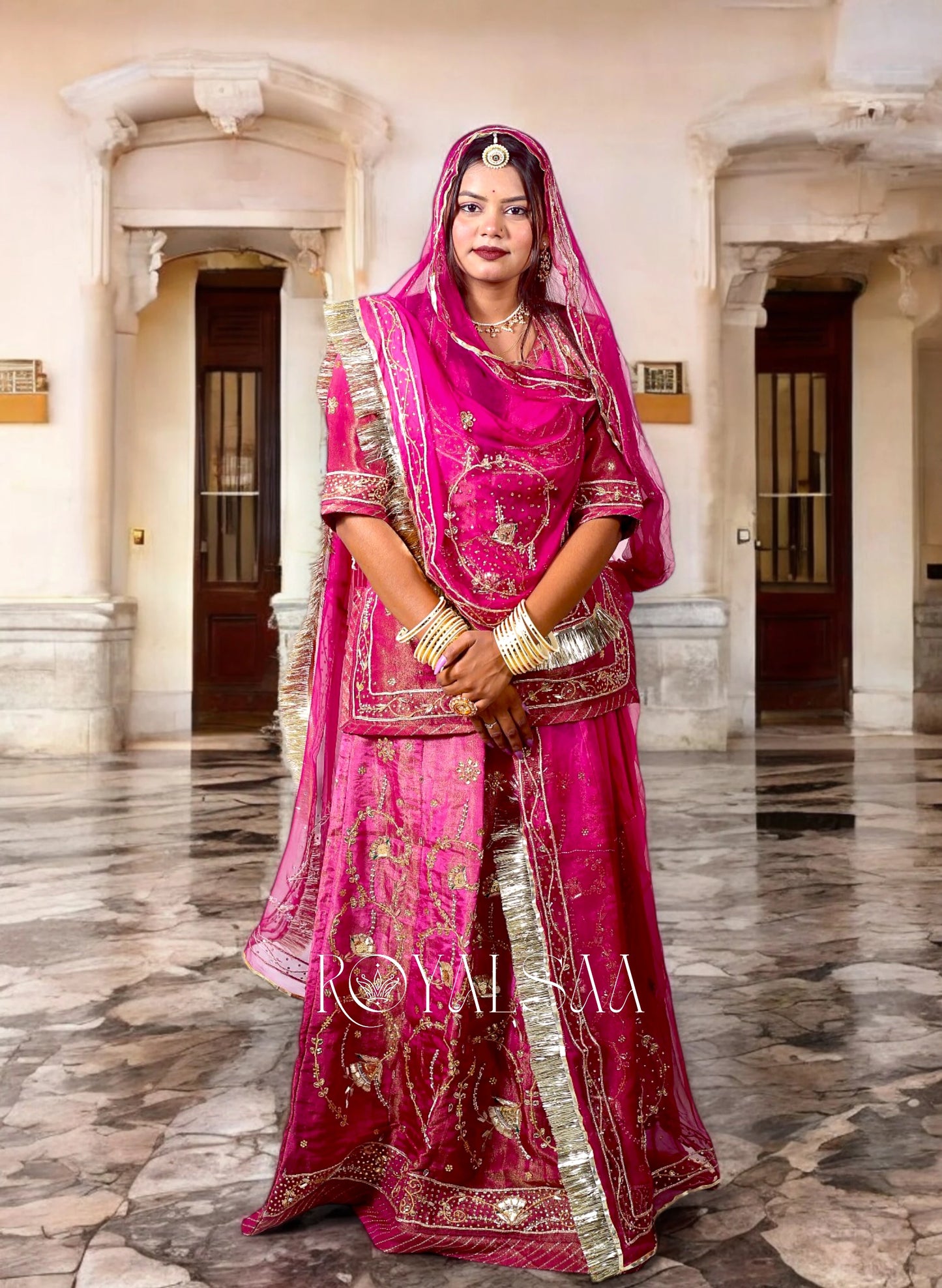 Wine Rajputi Poshak – Tissue with Zardosi, Dabka & Stone Work