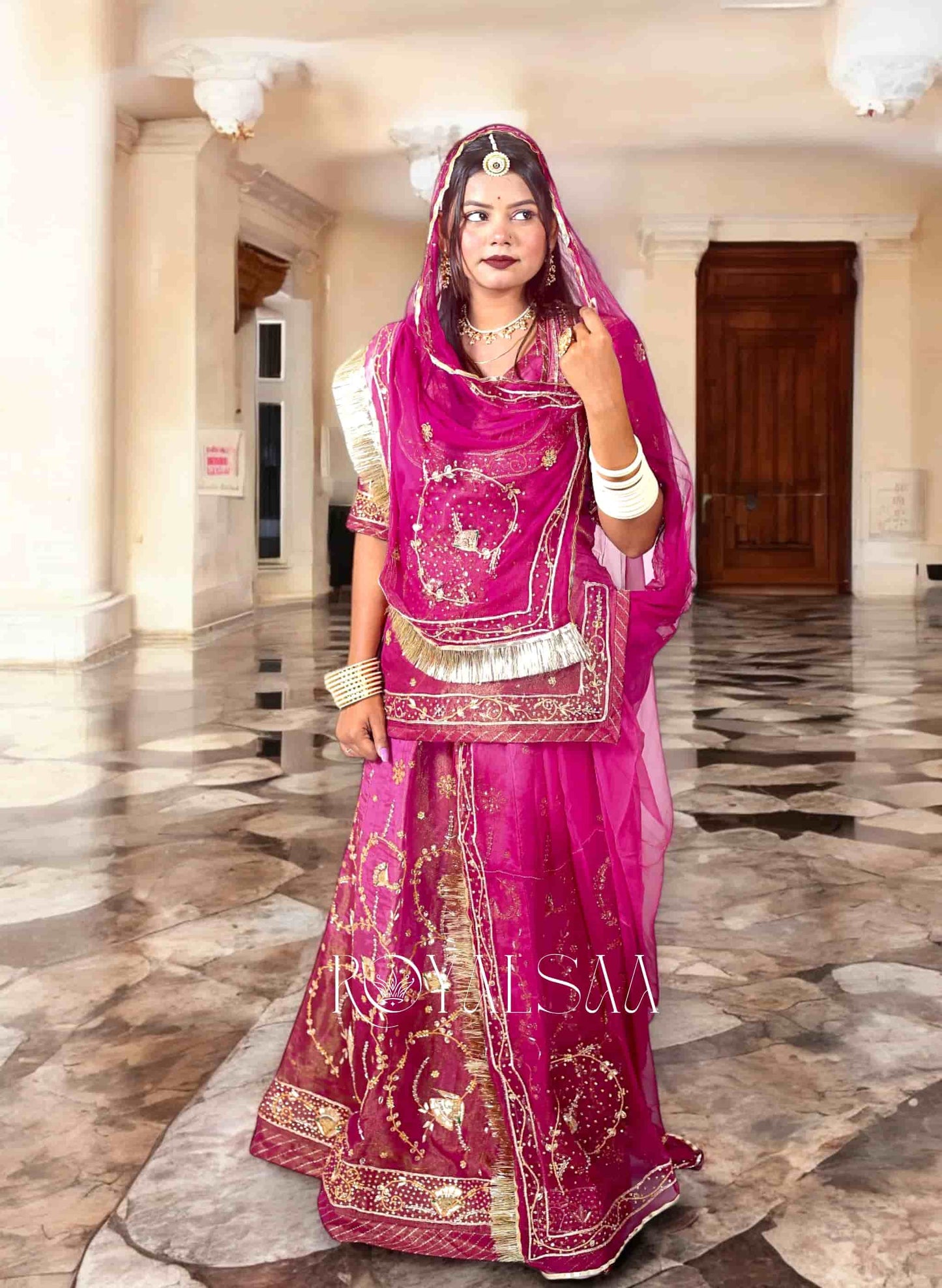 Wine Rajputi Poshak – Tissue with Zardosi, Dabka & Stone Work