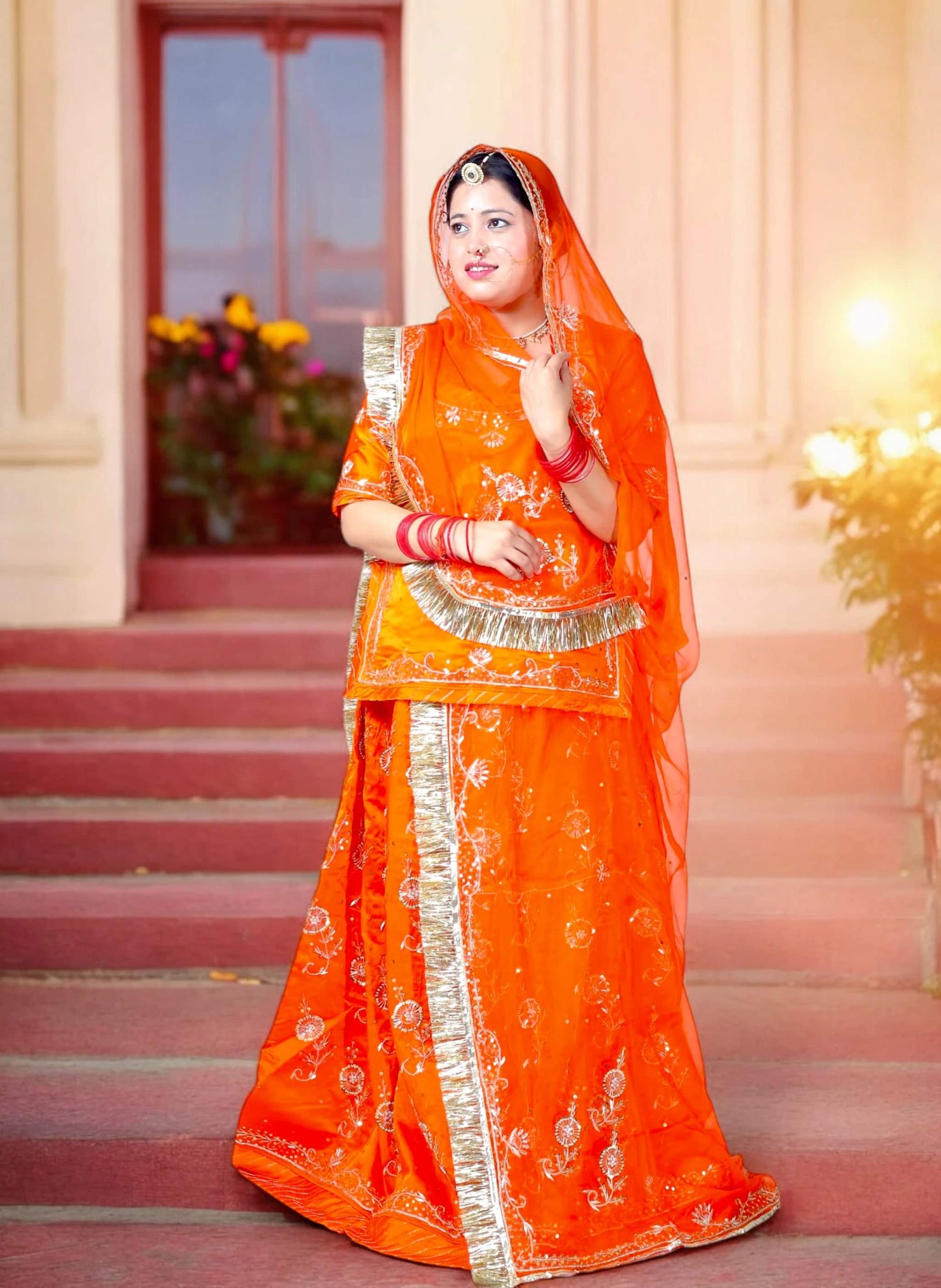 Rust Orange Rajputi Poshak – Bamber Satin with Zardozi Work