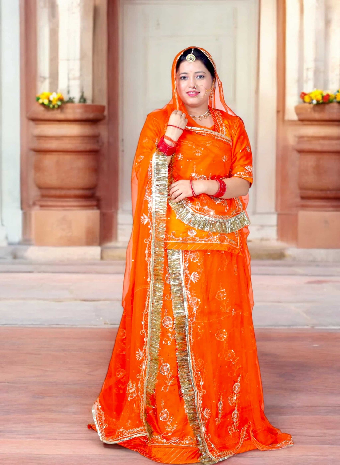 Rust Orange Rajputi Poshak – Bamber Satin with Zardozi Work