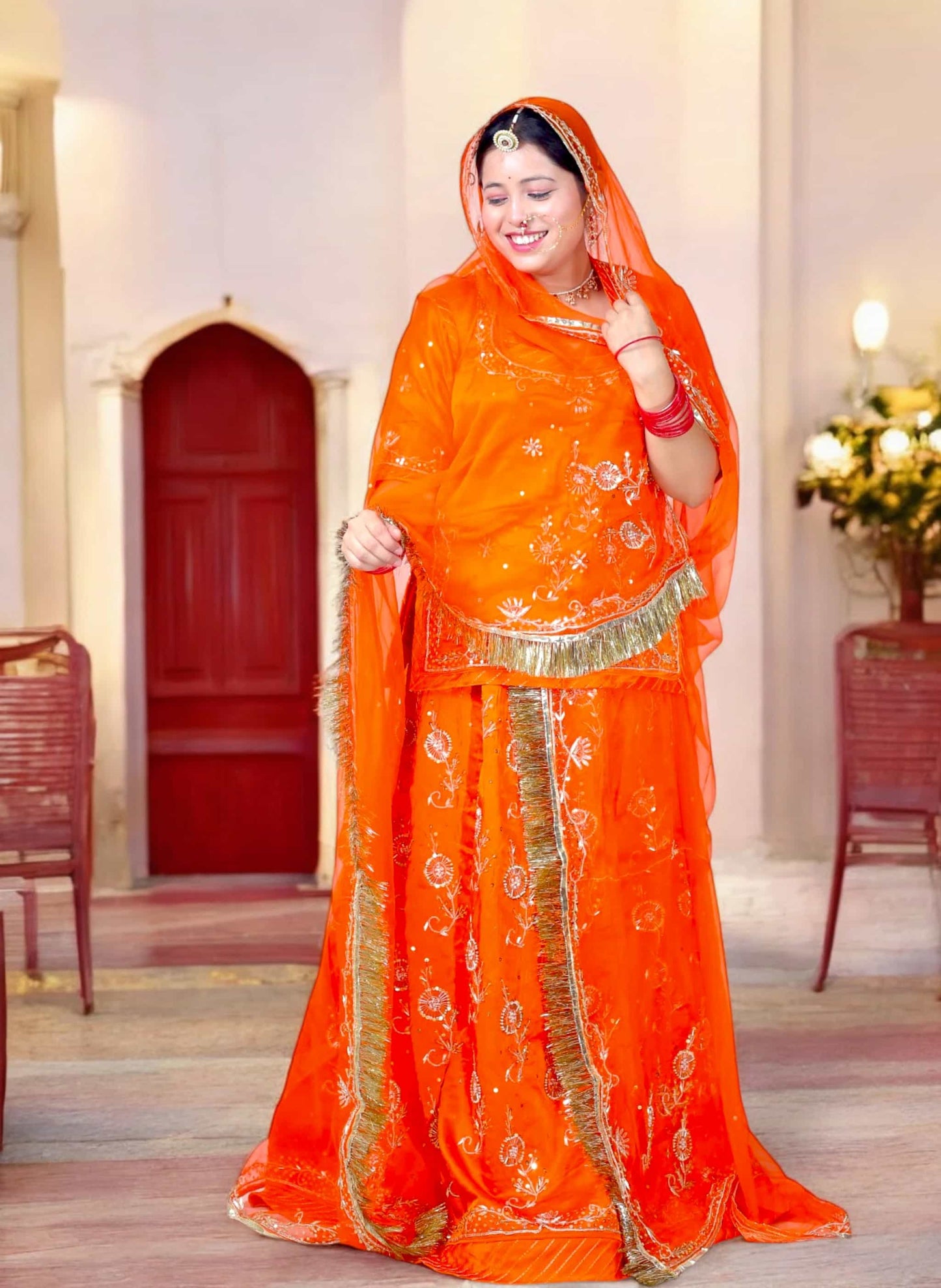 Rust Orange Rajputi Poshak – Bamber Satin with Zardozi Work