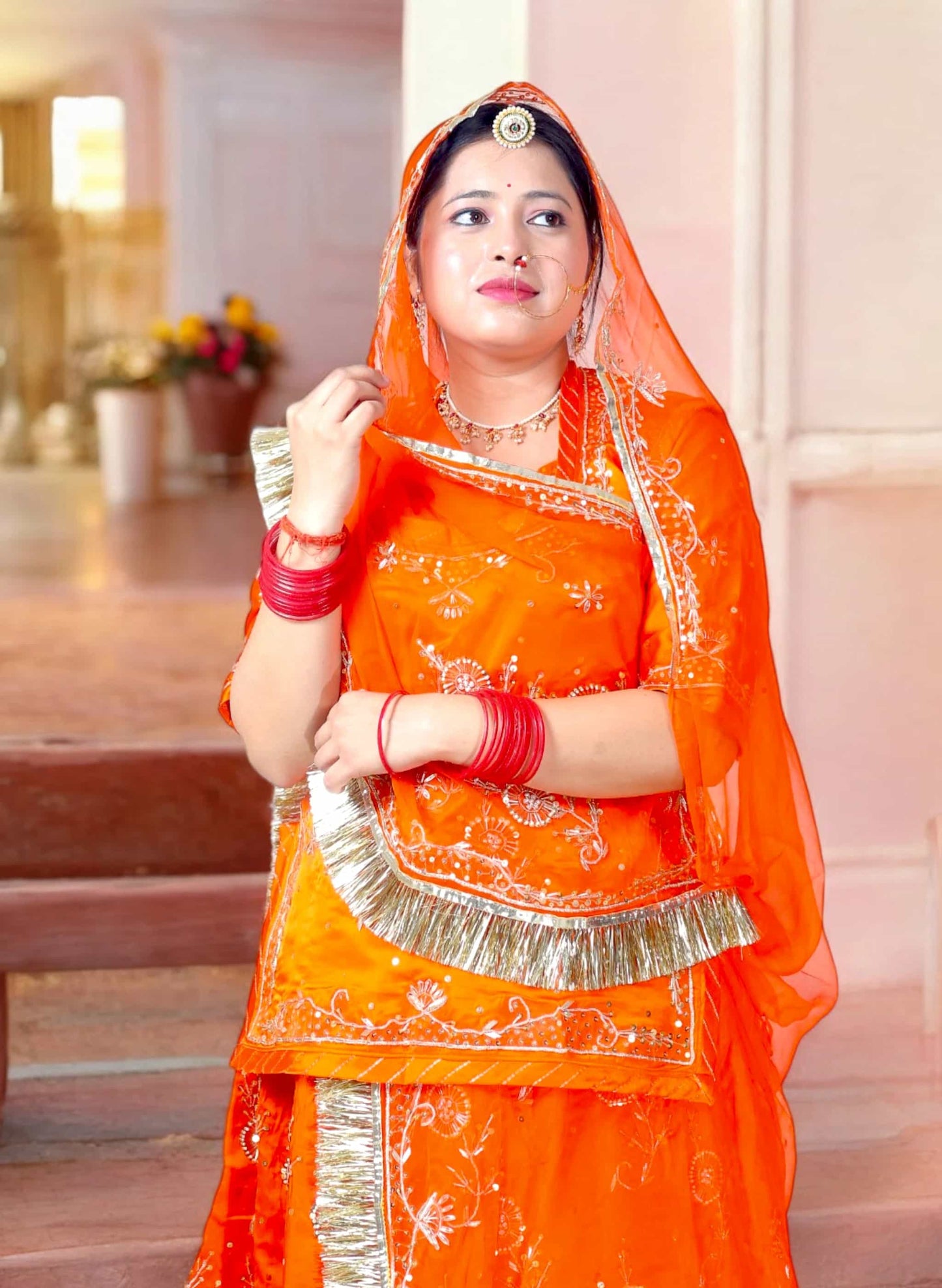 Rust Orange Rajputi Poshak – Bamber Satin with Zardozi Work