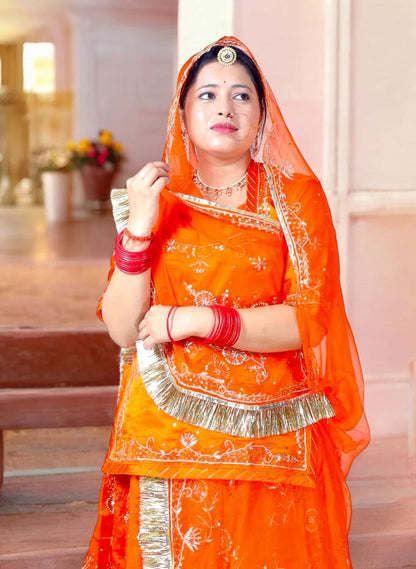 Rust Orange Rajputi Poshak – Bamber Satin with Zardozi Work