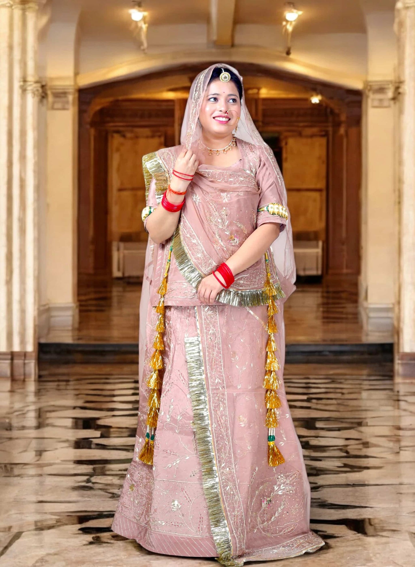 Faded Pink Rajputi Poshak – Crap Silk with Zardozi