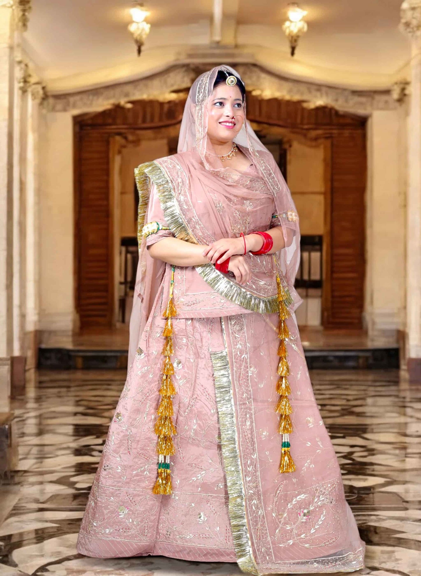 Faded Pink Rajputi Poshak – Crap Silk with Zardozi