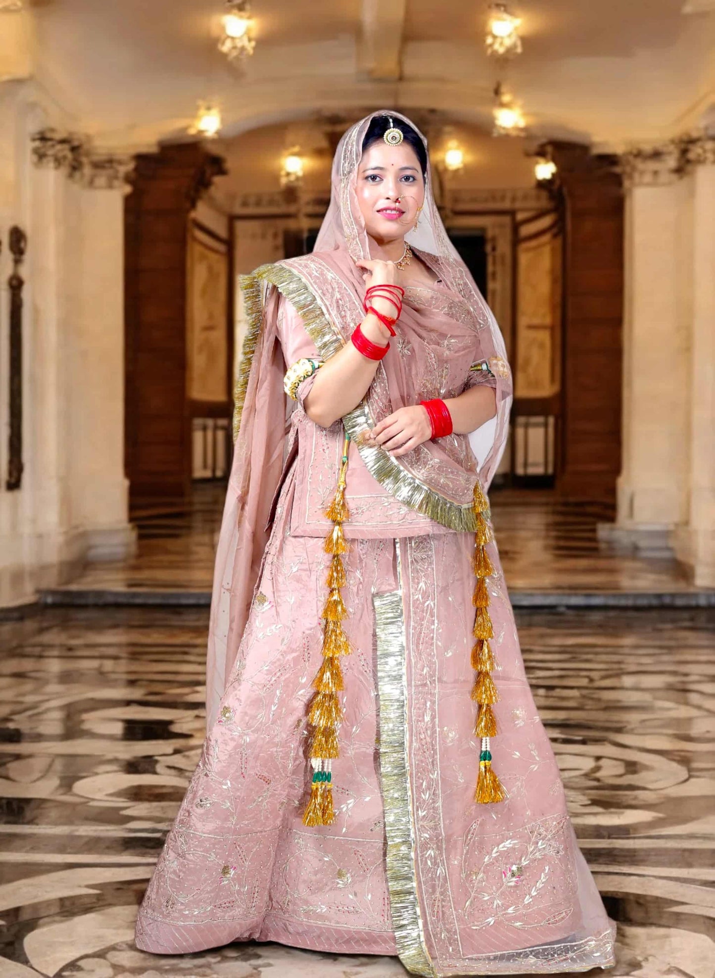 Faded Pink Rajputi Poshak – Crap Silk with Zardozi