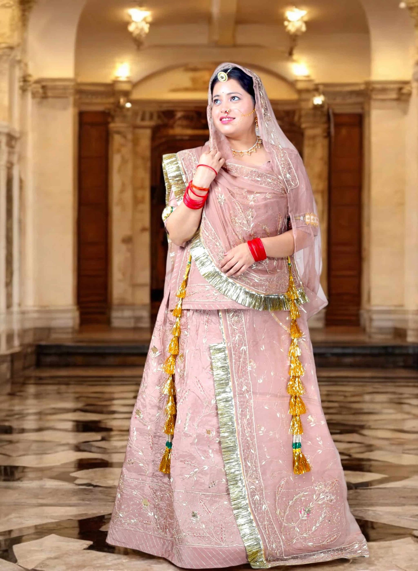 Faded Pink Rajputi Poshak – Crap Silk with Zardozi