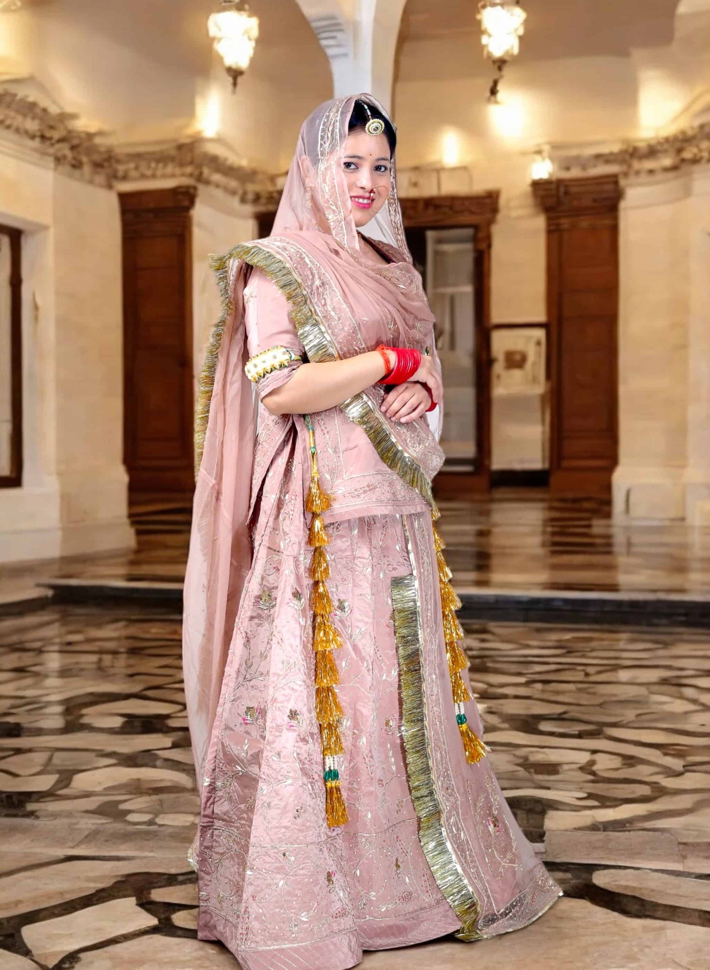 Faded Pink Rajputi Poshak – Crap Silk with Zardozi