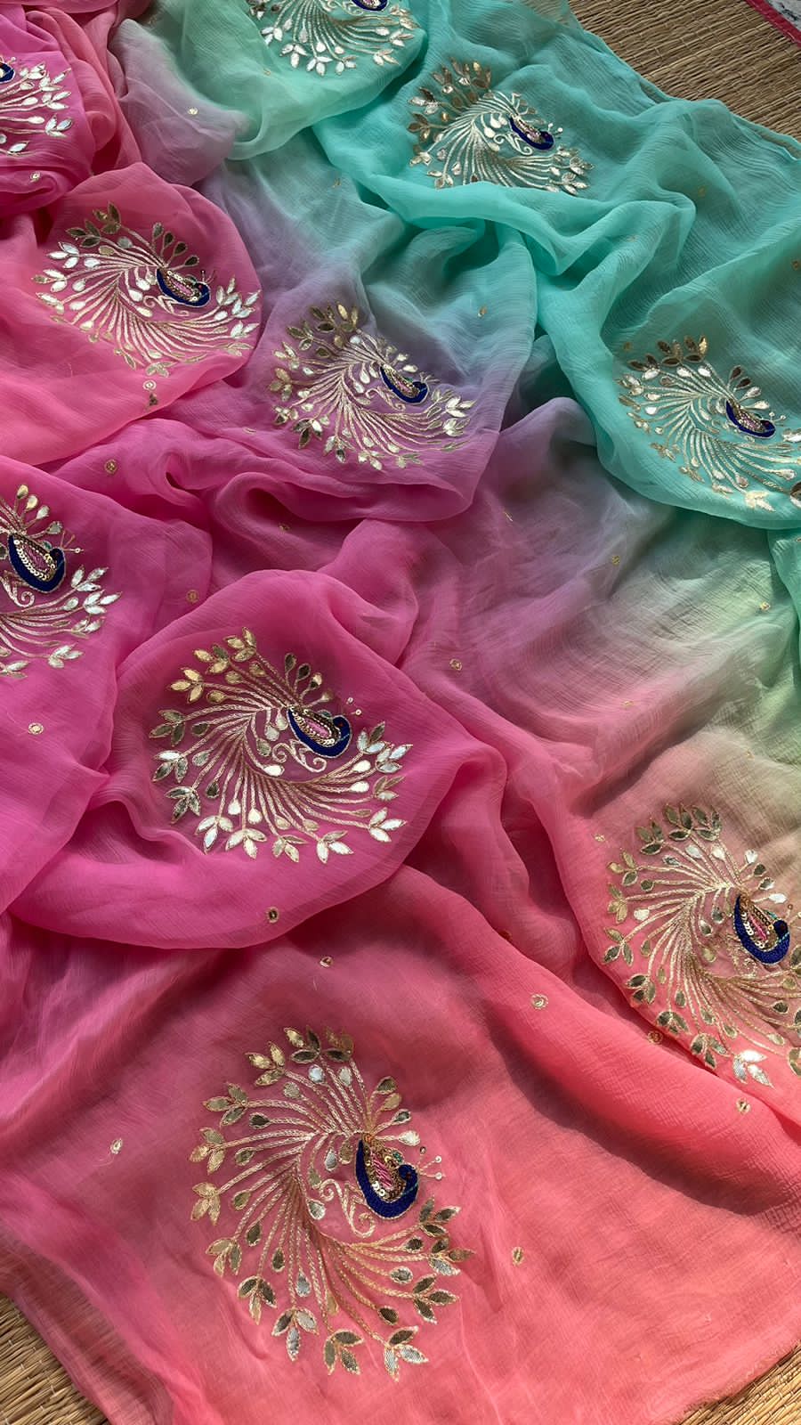 Gota Saree – Artistic Peacock Handwork in Elegant Hues