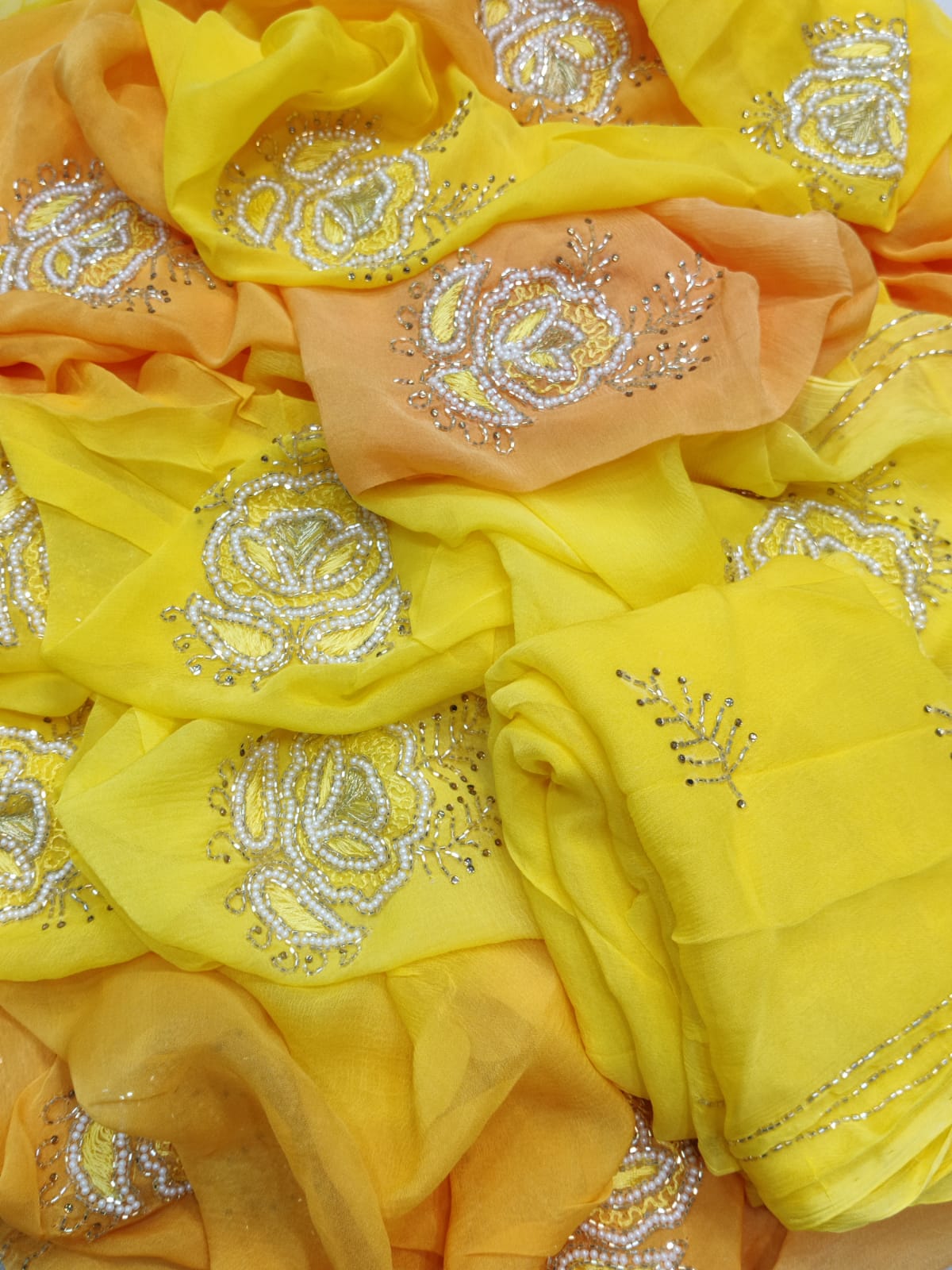Kadana & Sequence Saree – Handcrafted Lemon Yellow & Orange